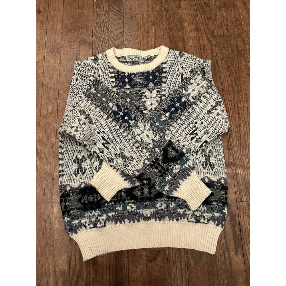 VTG Method Sweater Adult M‎ Wool Blend Geometric Pattern Ivory Gray